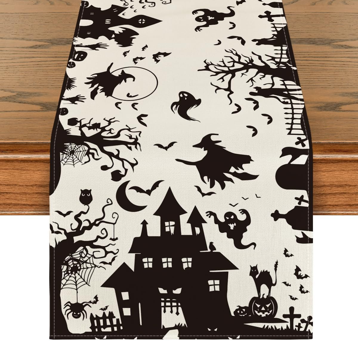 Black White Spooky Haunted House Tree Ghost Witch Halloween Table Runner, Fall Kitchen Dining Table Decoration for Home Party Decor 13X72 Inch