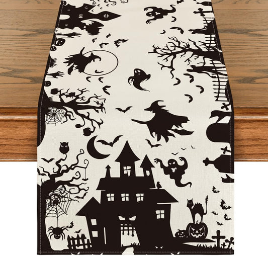 Black White Spooky Haunted House Tree Ghost Witch Halloween Table Runner, Fall Kitchen Dining Table Decoration for Home Party Decor 13X72 Inch