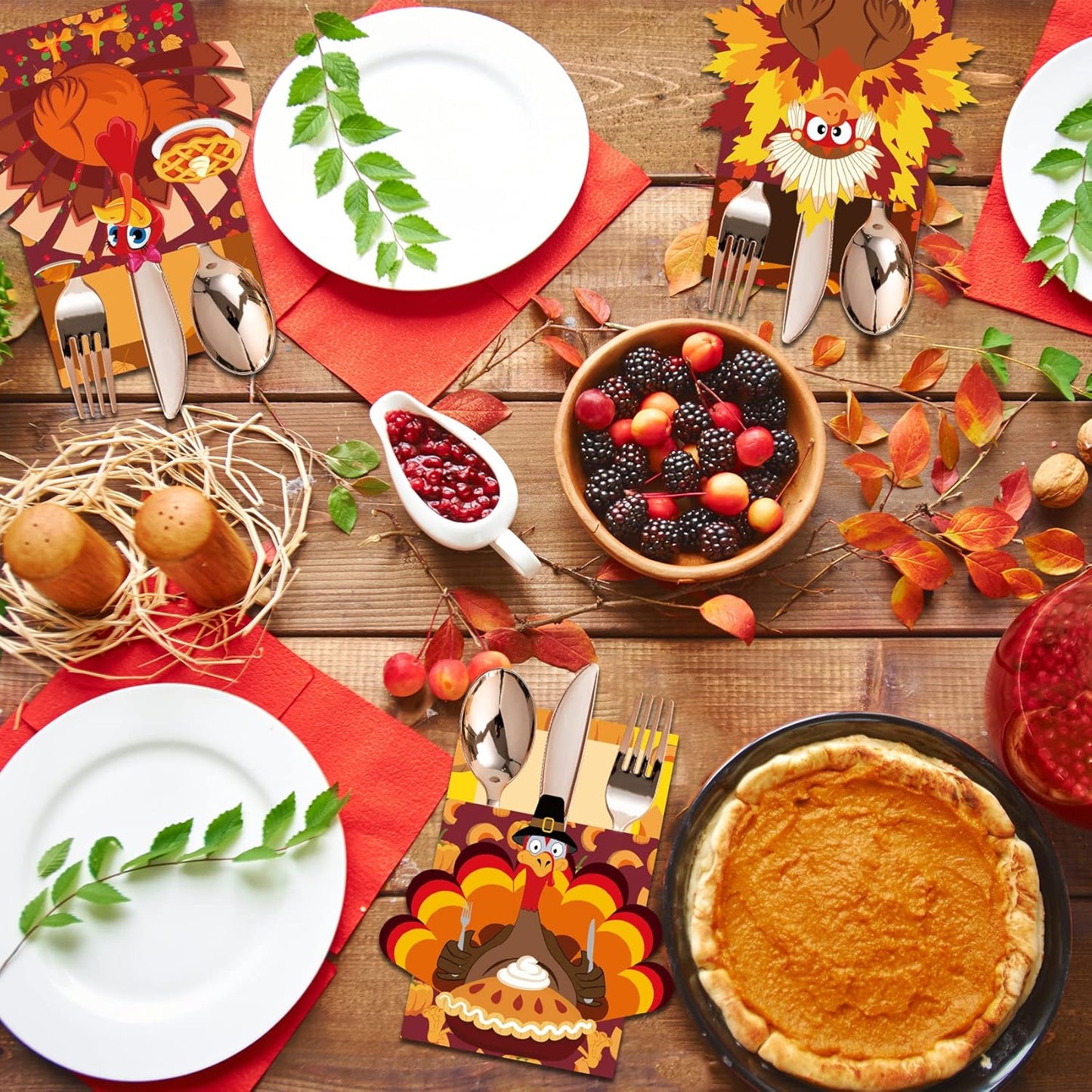 Thanksgiving Cutlery Holder 24 PCS Thanksgiving Table Decor Set Thanksgiving Decorations Indoor Thanksgiving Turkey Utensil Holder for Thanksgiving Party Autumn Family Harvest Party Table Supplies
