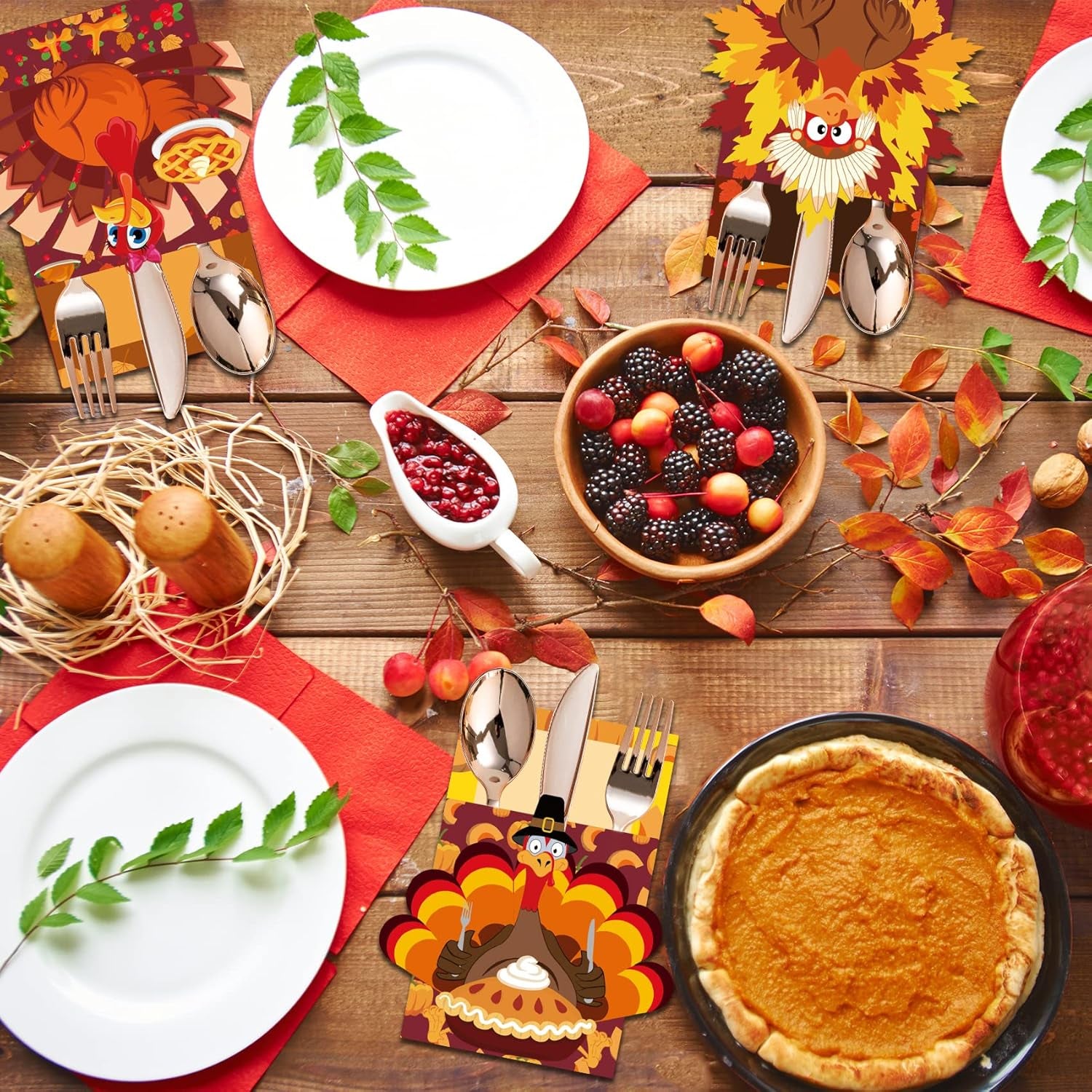 Thanksgiving Cutlery Holder 24 PCS Thanksgiving Table Decor Set Thanksgiving Decorations Indoor Thanksgiving Turkey Utensil Holder for Thanksgiving Party Autumn Family Harvest Party Table Supplies