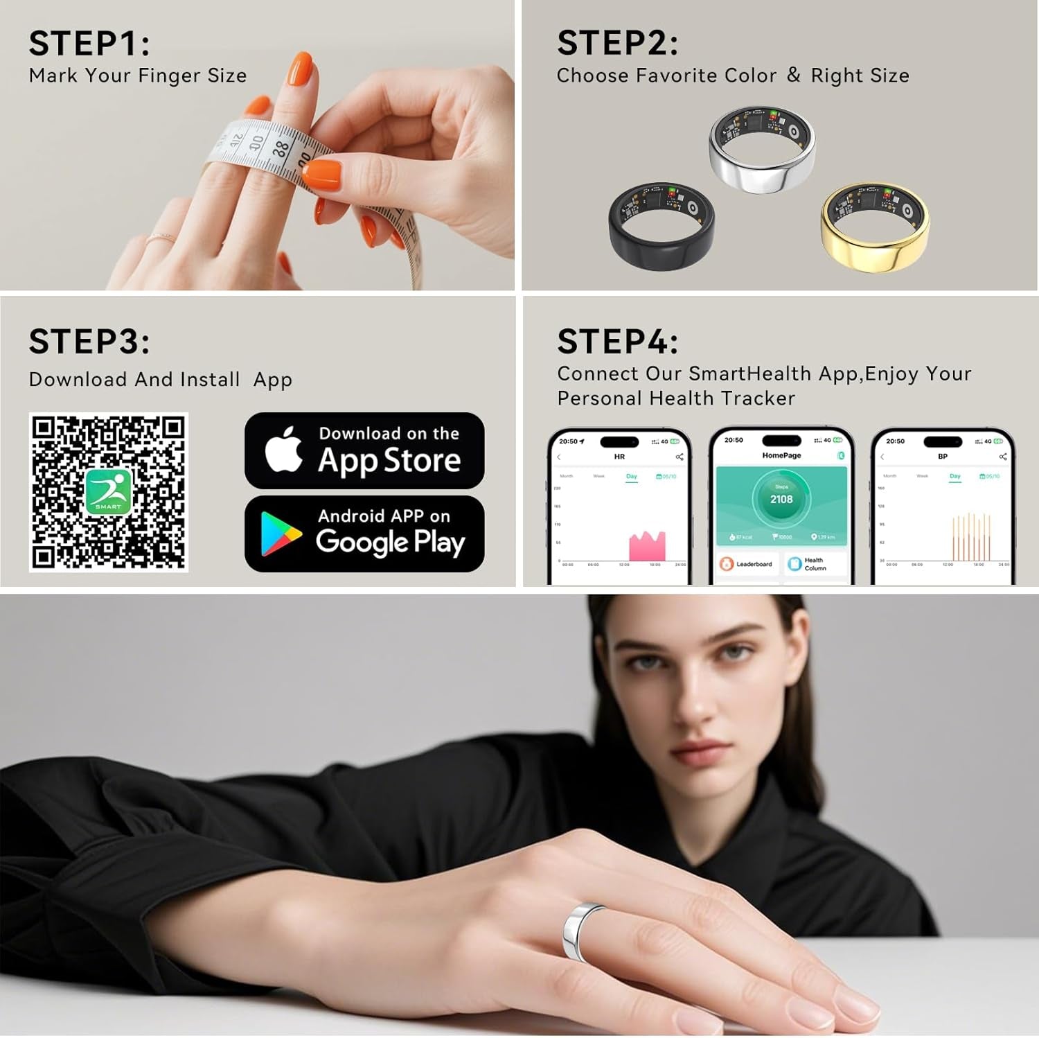 Smart Ring Grey for Women Men,Fitness Tracker Ring,Heart Rate,Blood Oxygen,Blood Pressure,Step Tracker,Sleep Monitoring,No Subscription Fee,Ip68 Waterproof,for Iphone&Android