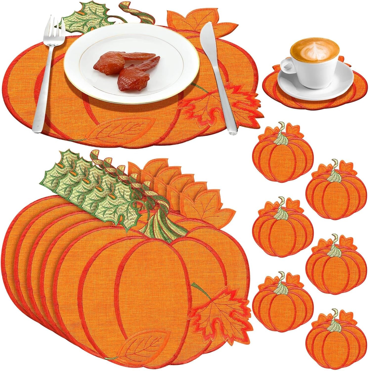 12 Pcs Fall Thanksgiving Embroidered Pumpkins Placemats and Coaster Set of 6 Autumn Harvest Table Placemats Washable Mats for Home Dinning Kitchen Decorations