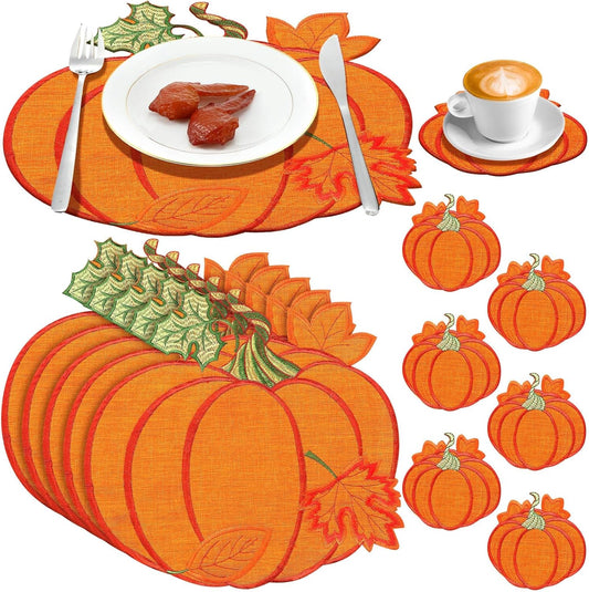 12 Pcs Fall Thanksgiving Embroidered Pumpkins Placemats and Coaster Set of 6 Autumn Harvest Table Placemats Washable Mats for Home Dinning Kitchen Decorations