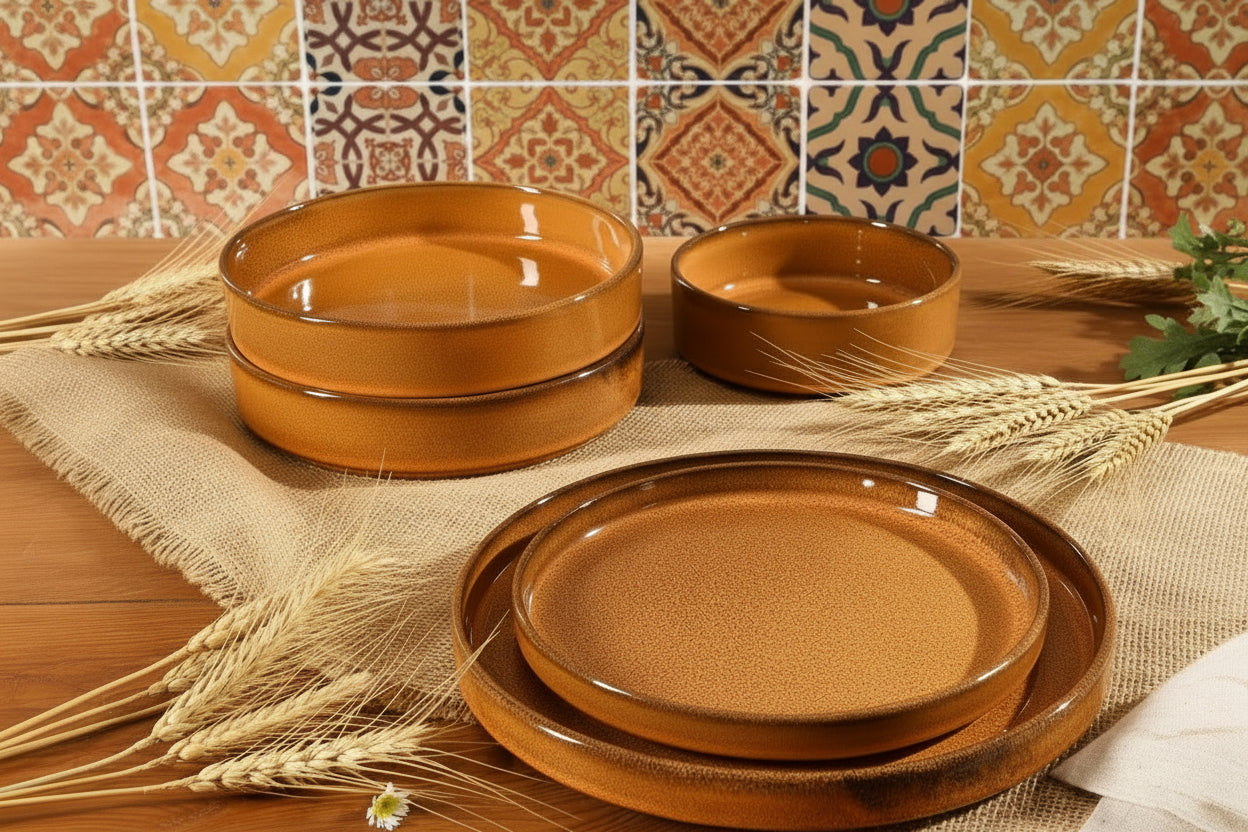 Santorini Mist Double Bowl Terracotta Reactive Glaze Plates and Bowls Dinnerware Set - Amber, Service for Four (16Pcs)