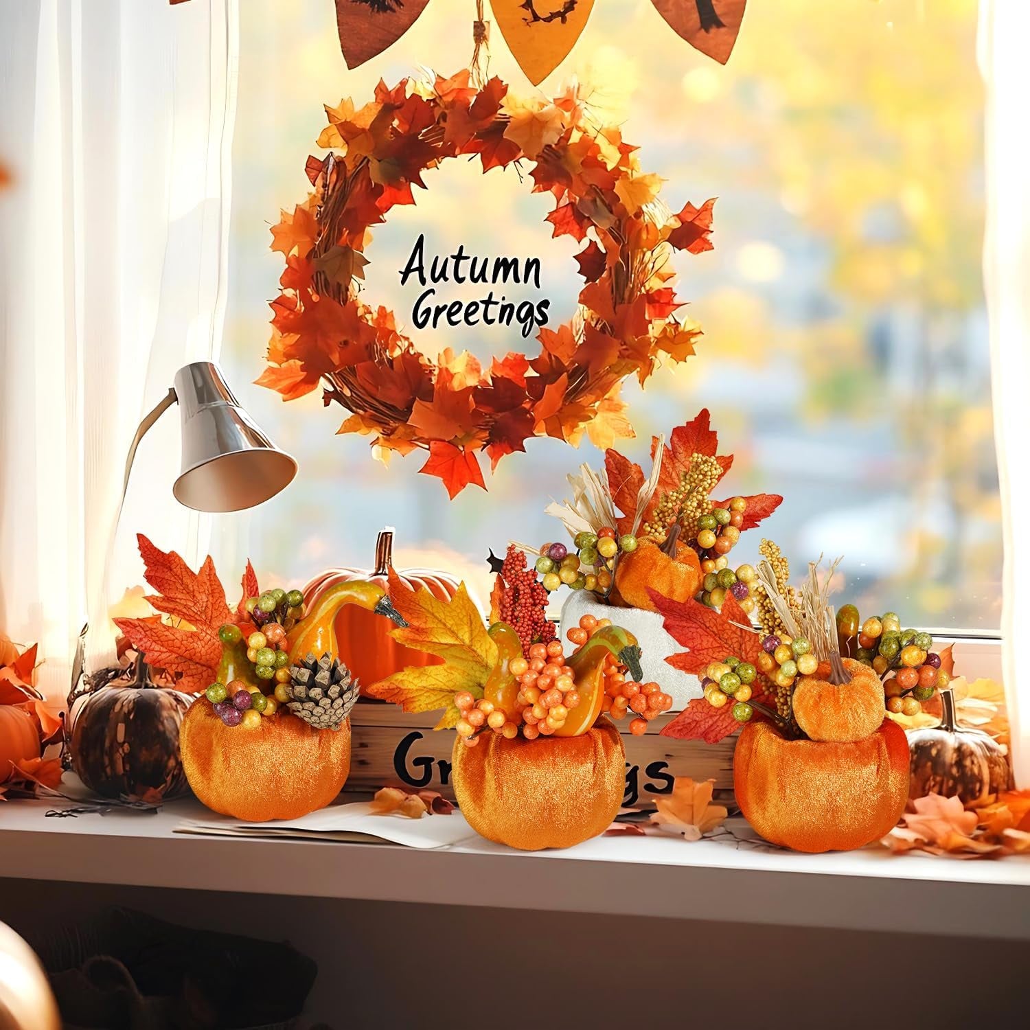 Set of 6 Artificial Pumpkins Decorations, Decorative Fabric Orange Pumpkin with Maple Berry Acorn Pine Cone Vegetables for Fall Thanksgiving Harvest Party Home Tabletop