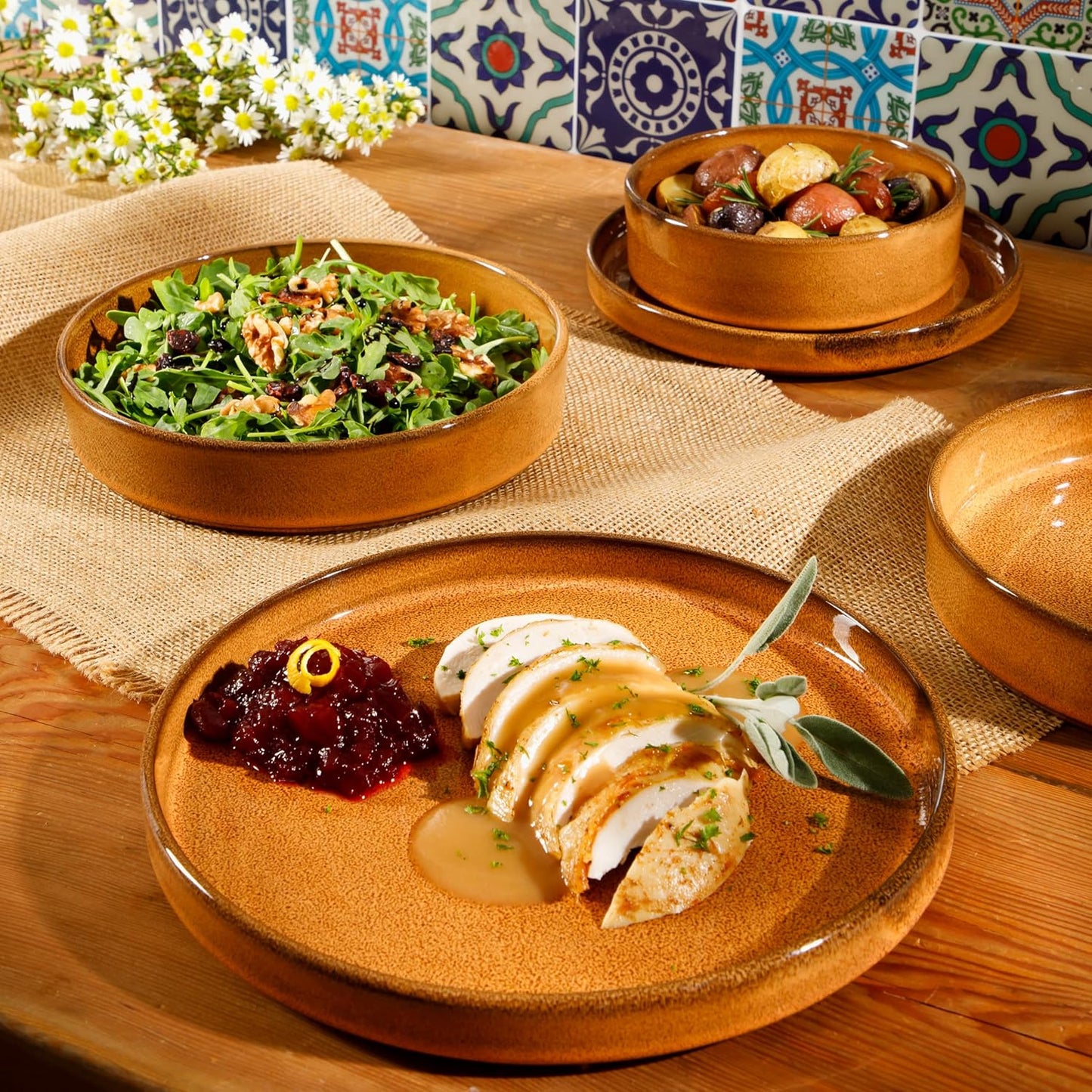 Santorini Mist Double Bowl Terracotta Reactive Glaze Plates and Bowls Dinnerware Set - Amber, Service for Four (16Pcs)