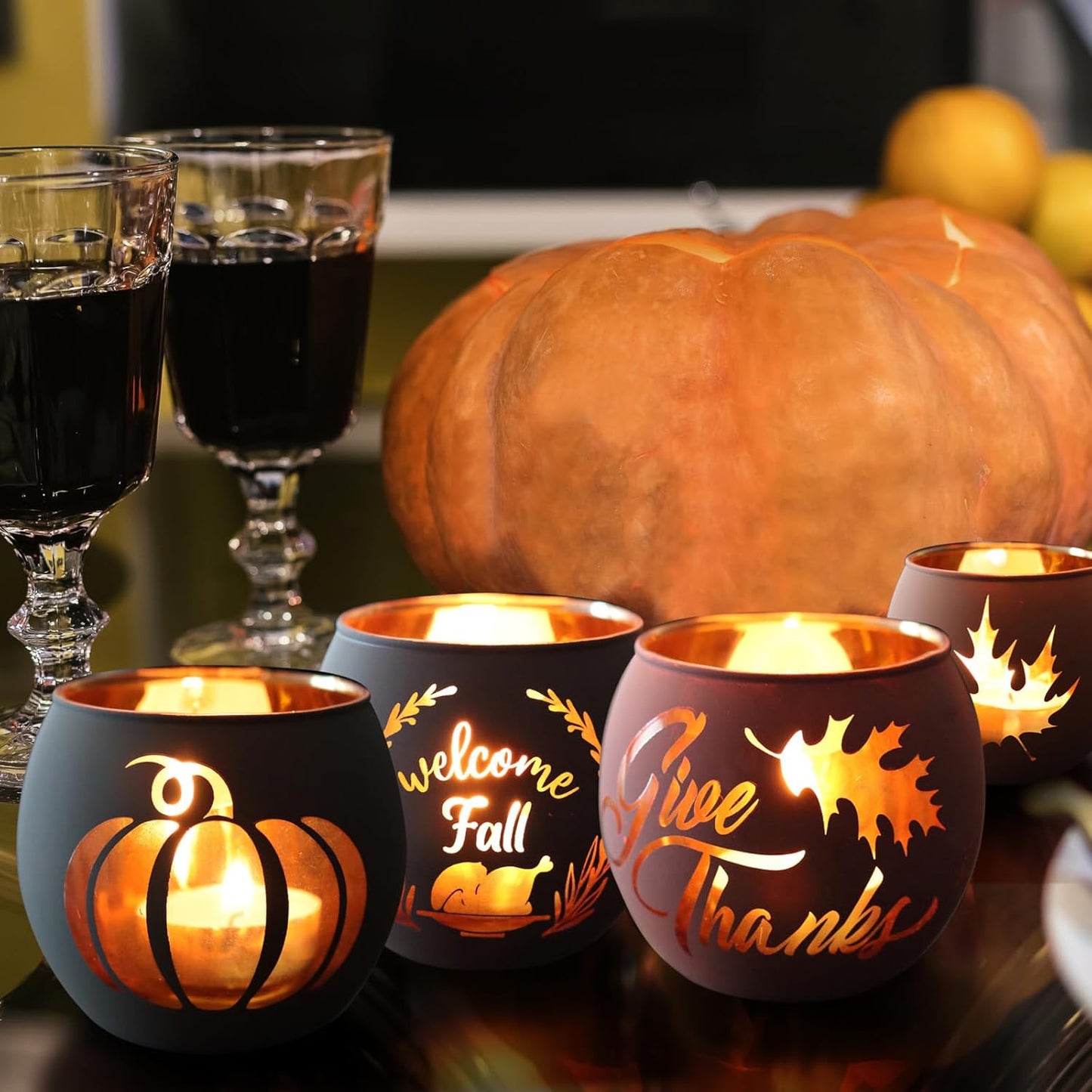 Thanksgiving Votive Candle Holder Set of 6, Glass Votives Holder with 6 Laser Engraving Patterns, Tealight Holders Bulk for Fall Table Centerpiece Decor
