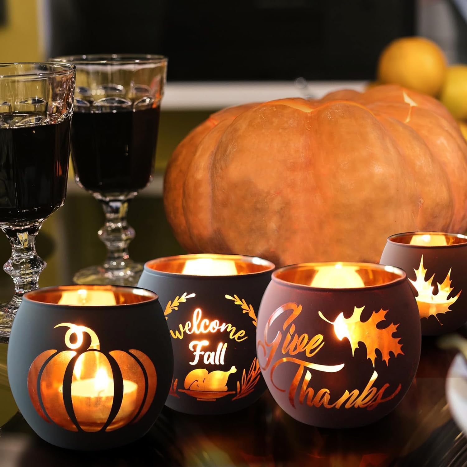 Thanksgiving Votive Candle Holder Set of 6, Glass Votives Holder with 6 Laser Engraving Patterns, Tealight Holders Bulk for Fall Table Centerpiece Decor