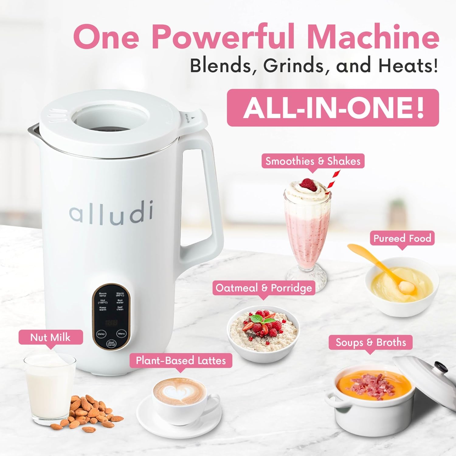 Automatic 10 in 1 Nut Milk Maker Machine 27 Oz | Homemade Coconut, Oat, Almond Milk, Plant Based Beverages | Soybean Machine with Delay Start, Self-Cleaning & Boil Water | E-Recipe Cookbook, White