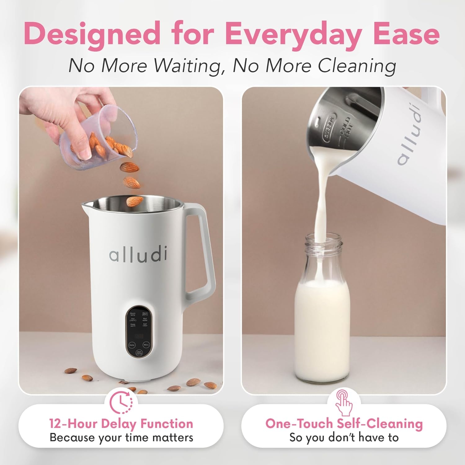 Automatic 10 in 1 Nut Milk Maker Machine 27 Oz | Homemade Coconut, Oat, Almond Milk, Plant Based Beverages | Soybean Machine with Delay Start, Self-Cleaning & Boil Water | E-Recipe Cookbook, White