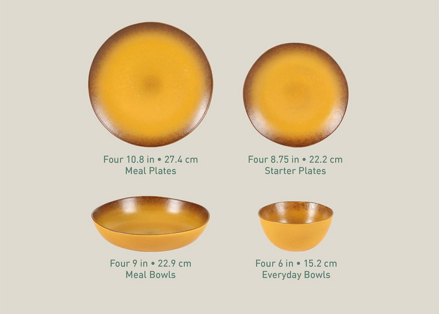 Palermo Sun Double Bowl Stoneware Reactive Glaze Plates and Bowls Dinnerware Set - Tumeric Yellow, Service for Four (16Pcs)