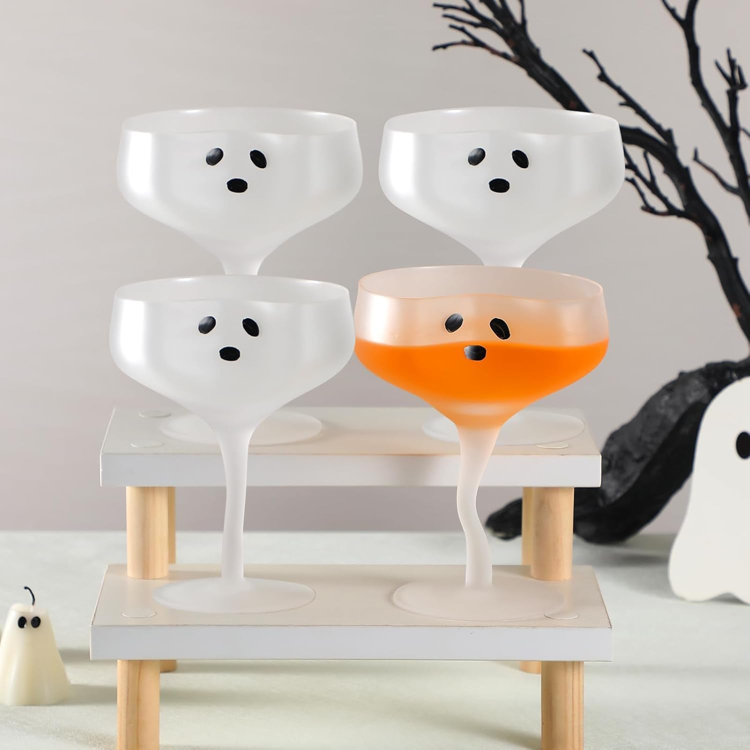 4 Pcs Ghost Margarita Glasses 13 Oz Halloween Ghost Wine Glasses Reusable Cocktail Drinking Cups for Halloween Holiday Party (Frosted)