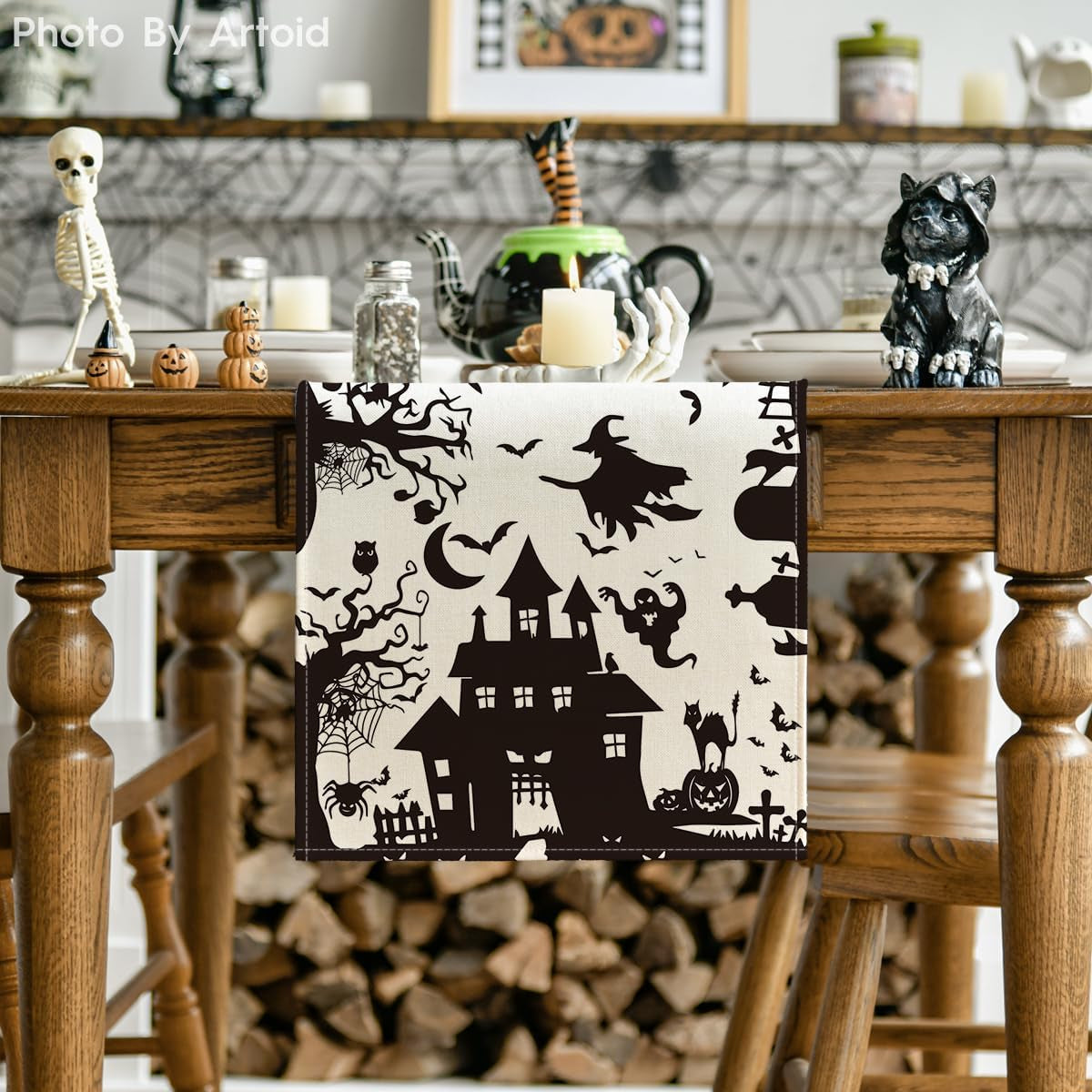 Black White Spooky Haunted House Tree Ghost Witch Halloween Table Runner, Fall Kitchen Dining Table Decoration for Home Party Decor 13X72 Inch