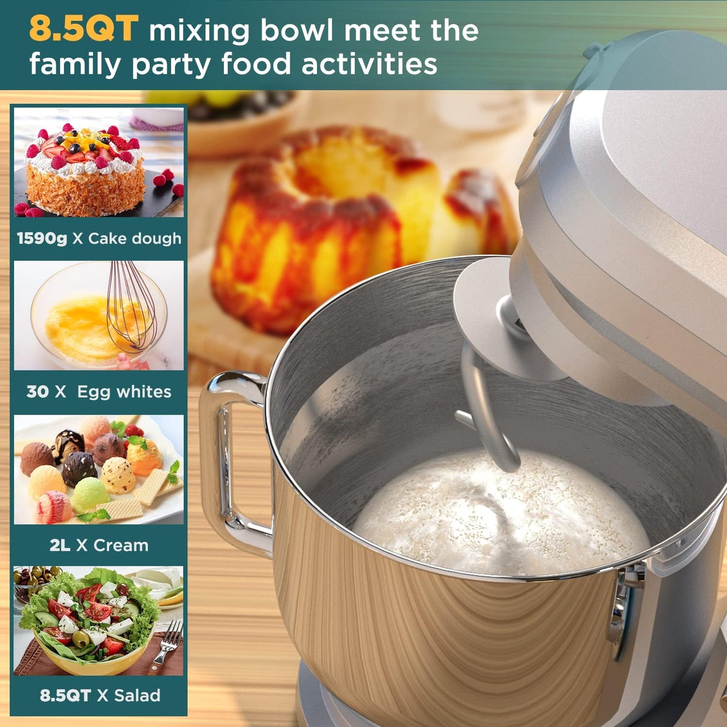 6-IN-1 Stand Mixer, 8.5 Qt. Multifunctional Electric Kitchen Mixer with Beater, Whisk, Dough Hook, Meat Grinder and Other Accessories for Most Home Cooks, SM-1507BM, Silvery