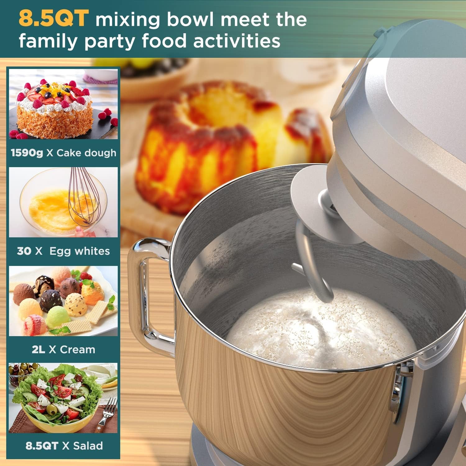 6-IN-1 Stand Mixer, 8.5 Qt. Multifunctional Electric Kitchen Mixer with Beater, Whisk, Dough Hook, Meat Grinder and Other Accessories for Most Home Cooks, SM-1507BM, Silvery