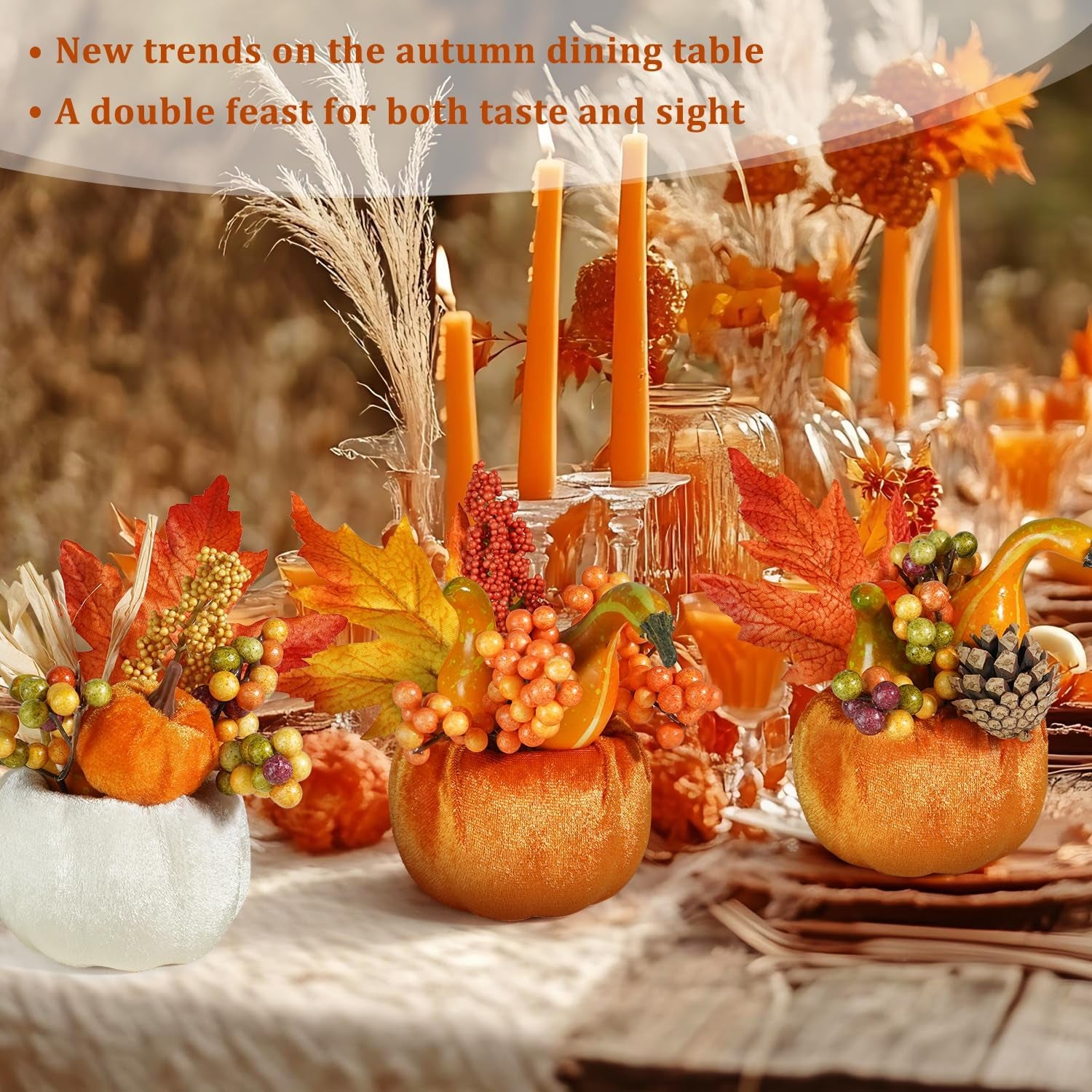 Set of 6 Artificial Pumpkins Decorations, Decorative Fabric Orange Pumpkin with Maple Berry Acorn Pine Cone Vegetables for Fall Thanksgiving Harvest Party Home Tabletop