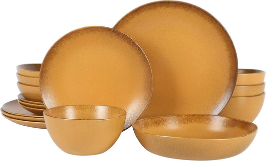 Palermo Sun Double Bowl Stoneware Reactive Glaze Plates and Bowls Dinnerware Set - Tumeric Yellow, Service for Four (16Pcs)