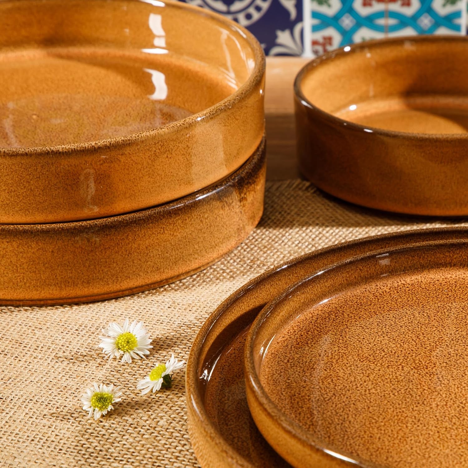 Santorini Mist Double Bowl Terracotta Reactive Glaze Plates and Bowls Dinnerware Set - Amber, Service for Four (16Pcs)