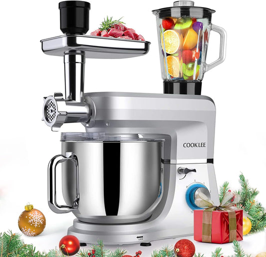 6-IN-1 Stand Mixer, 8.5 Qt. Multifunctional Electric Kitchen Mixer with Beater, Whisk, Dough Hook, Meat Grinder and Other Accessories for Most Home Cooks, SM-1507BM, Silvery