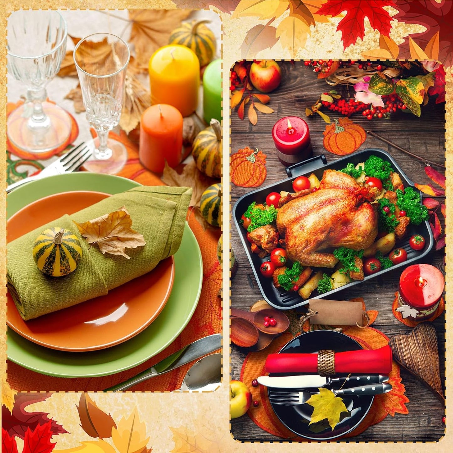 12 Pcs Fall Thanksgiving Embroidered Pumpkins Placemats and Coaster Set of 6 Autumn Harvest Table Placemats Washable Mats for Home Dinning Kitchen Decorations