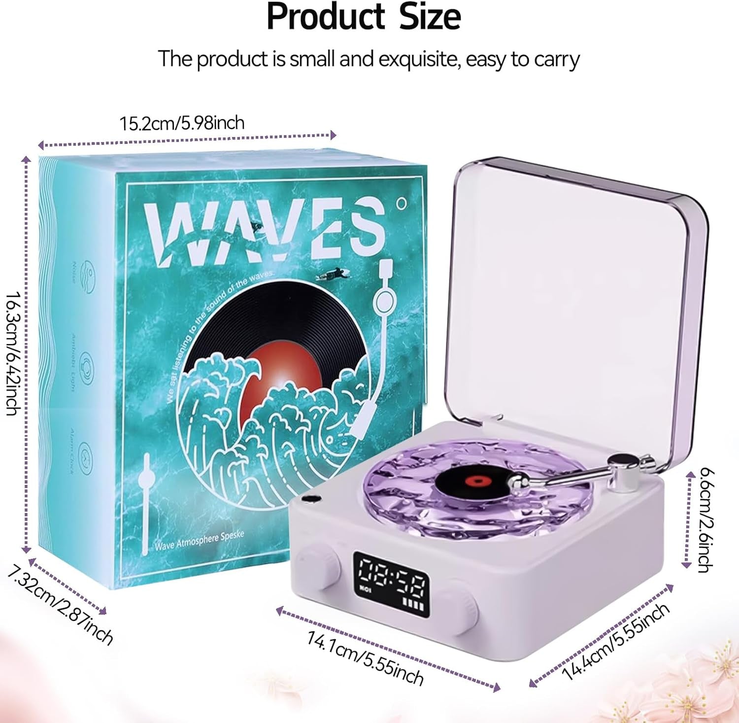 Aqua Vinyl Speaker, Waves Vinyl Bluetooth Speaker, the Waves Vinyl Player with Adjustable Light and Time for Bedroom, Office, Party, Purple