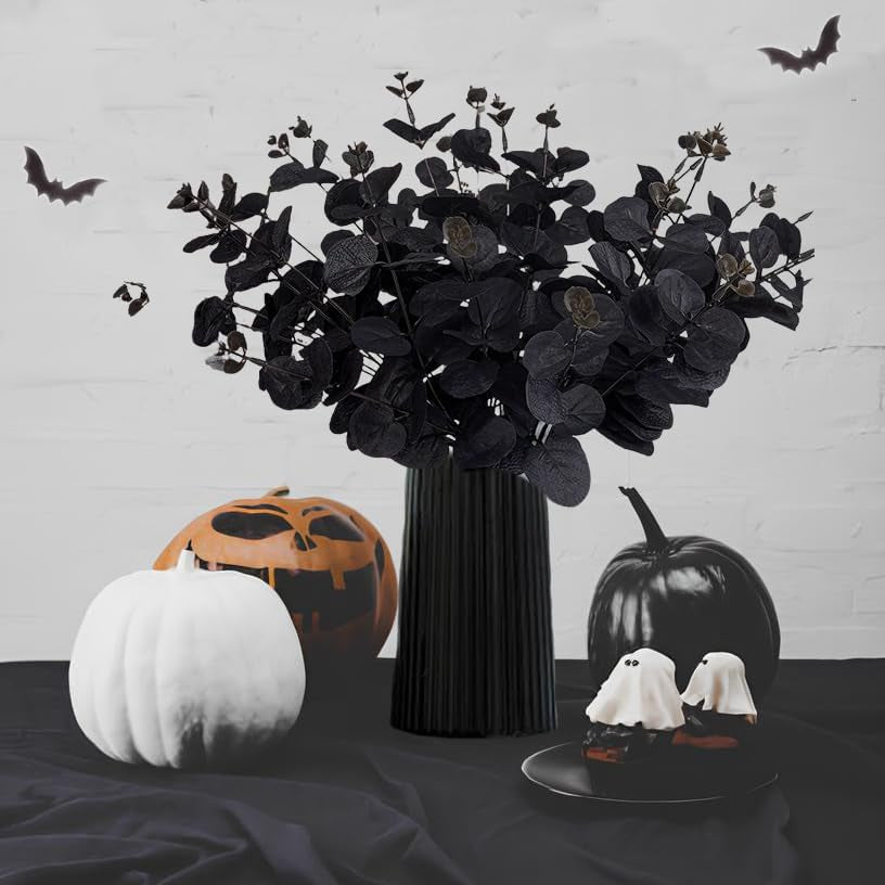 5 Pcs Black Artificial Eucalyptus Stems Faux Eucalyptuses Branches Black Leaf Halloween Centerpiece Halloween Home Decor (Black, 5)
