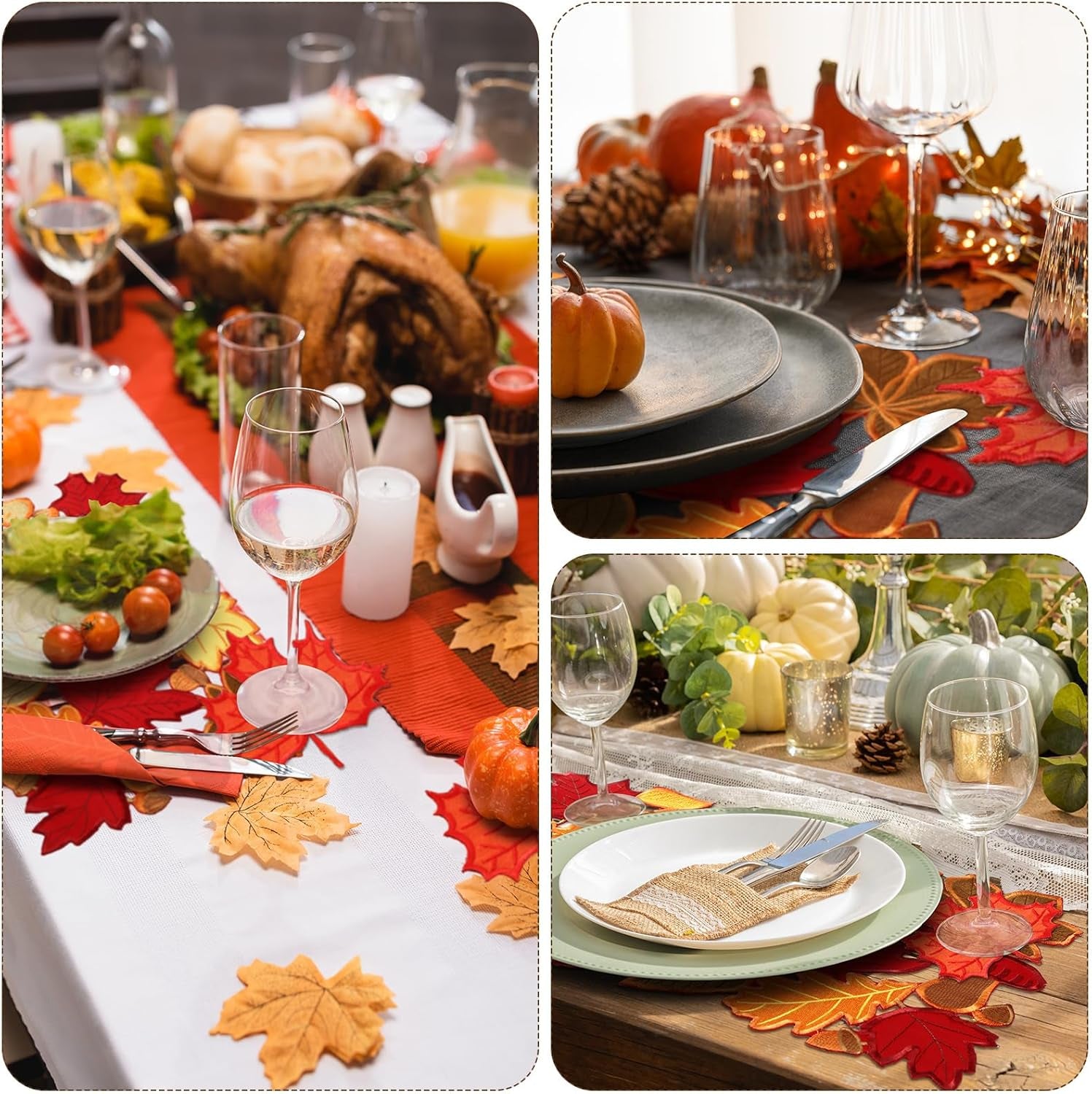 12 Pcs Thanksgiving Maple Leaves Placemats and Coaster Set of 6 Leaf Table Placemats 11 X 17 Inches Embroidered Washable Mats for Thanksgiving Fall Autumn Harvest Decorations