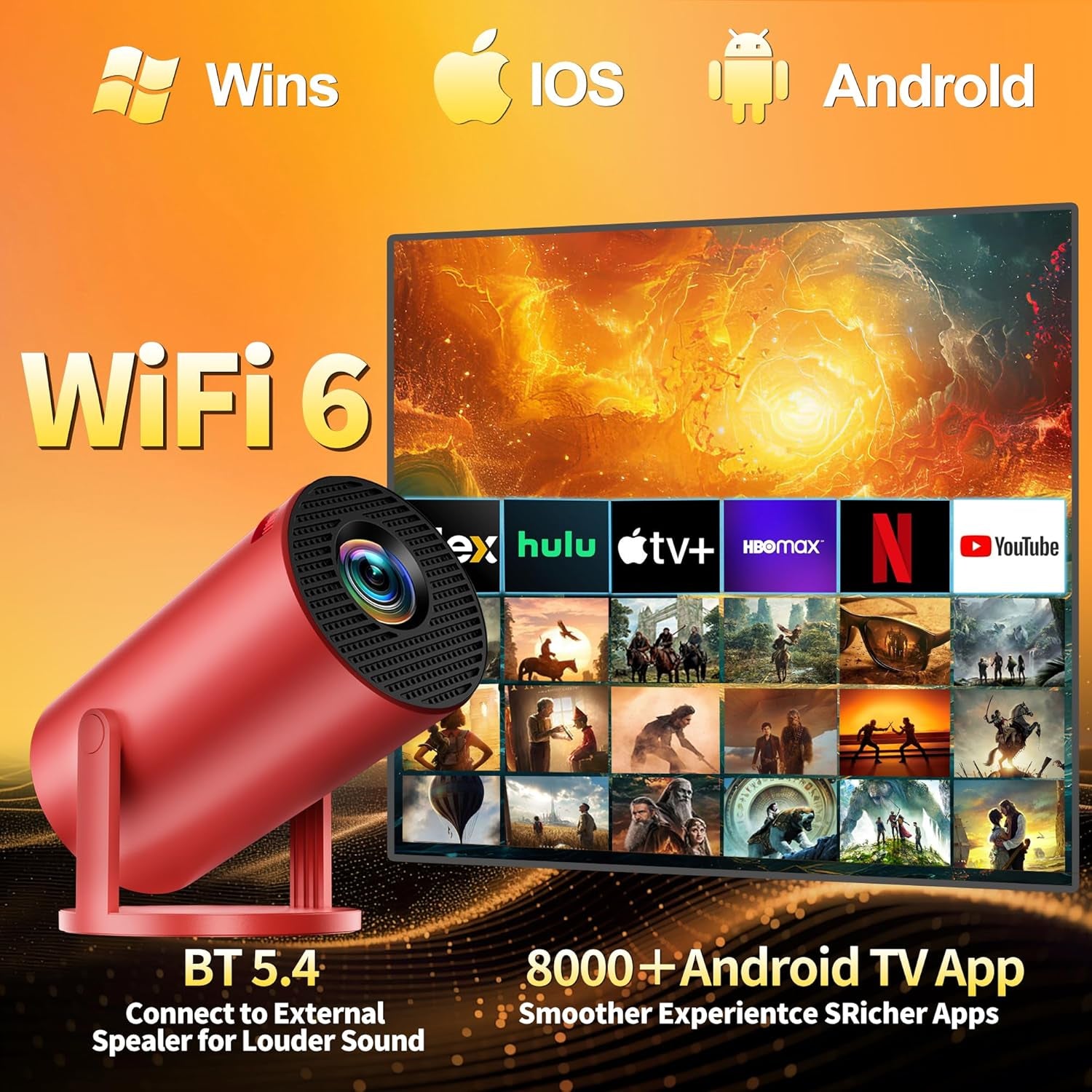 Mini Projector, Support 4K 1080P Portable Projector with Bidirectional WIFI6 5G and Bluetooth5.4, 270° Rotatable, Auto Keystone Correction, 35"-130" Video Projecto Compatible with HDMI/USB - Red