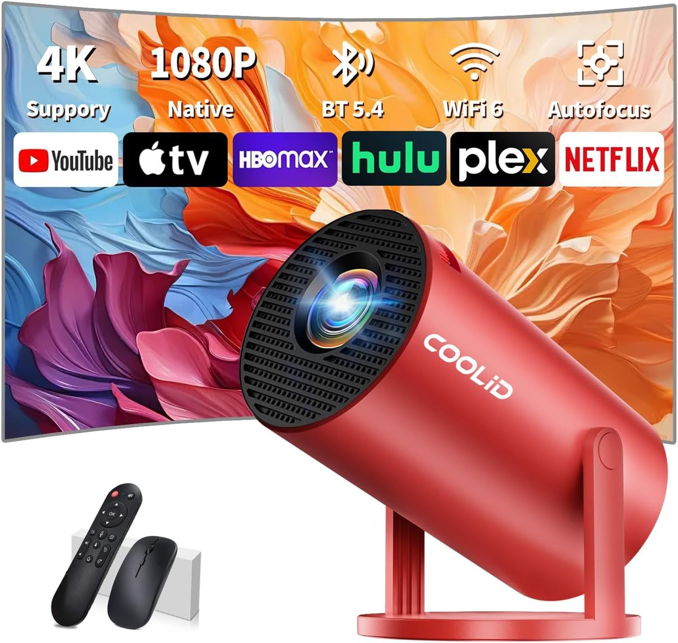 Mini Projector, Support 4K 1080P Portable Projector with Bidirectional WIFI6 5G and Bluetooth5.4, 270° Rotatable, Auto Keystone Correction, 35"-130" Video Projecto Compatible with HDMI/USB - Red