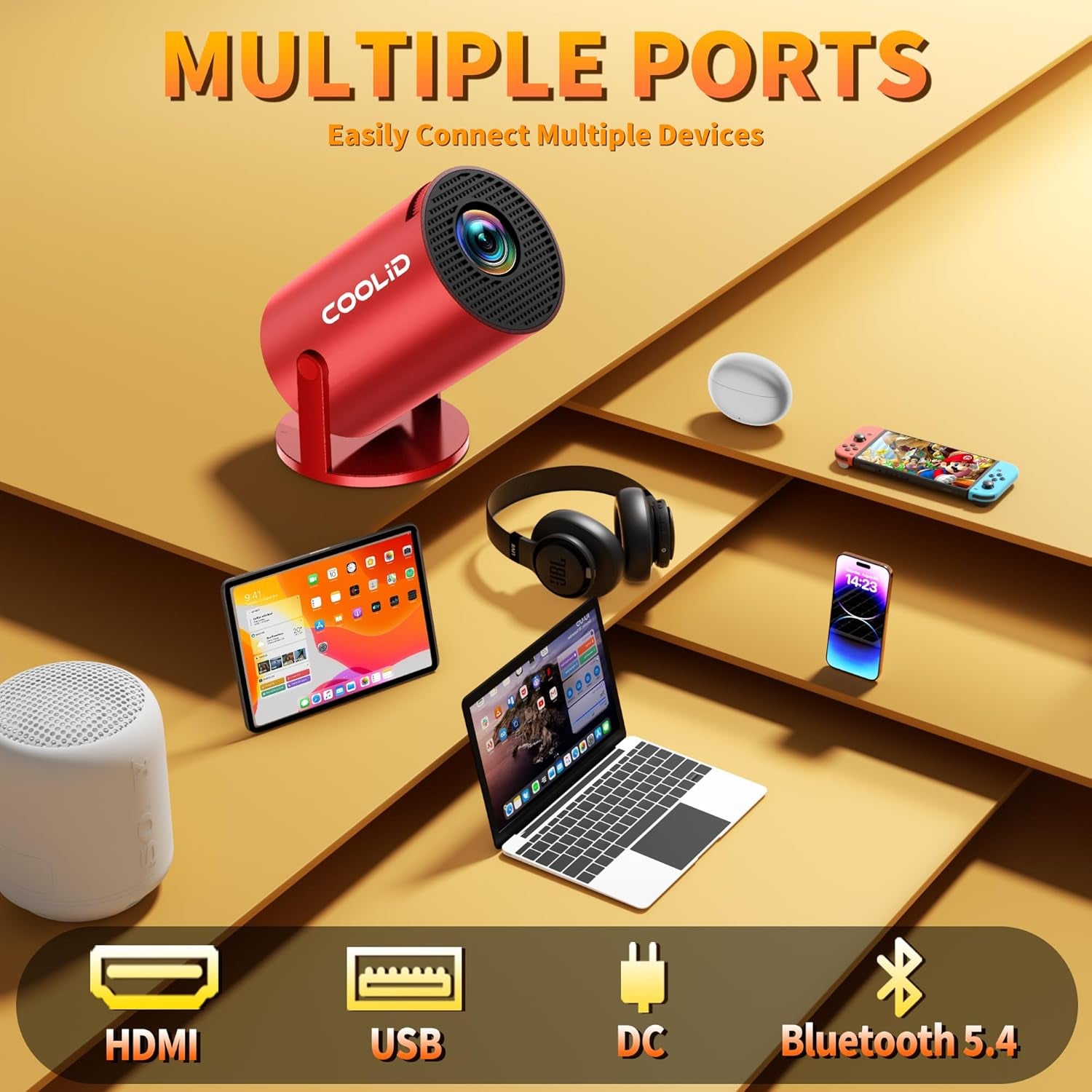 Mini Projector, Support 4K 1080P Portable Projector with Bidirectional WIFI6 5G and Bluetooth5.4, 270° Rotatable, Auto Keystone Correction, 35"-130" Video Projecto Compatible with HDMI/USB - Red