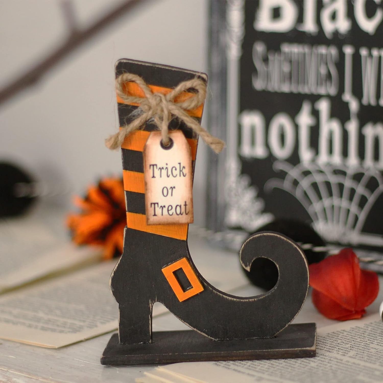 5Pcs Halloween Wooden Decorations, Halloween Tabletop Centerpiece Craft Decor Including Witch/Ghost/Shoes Decor for Home, Indoor, Holiday, Party Supplies, Kid'S Gift.