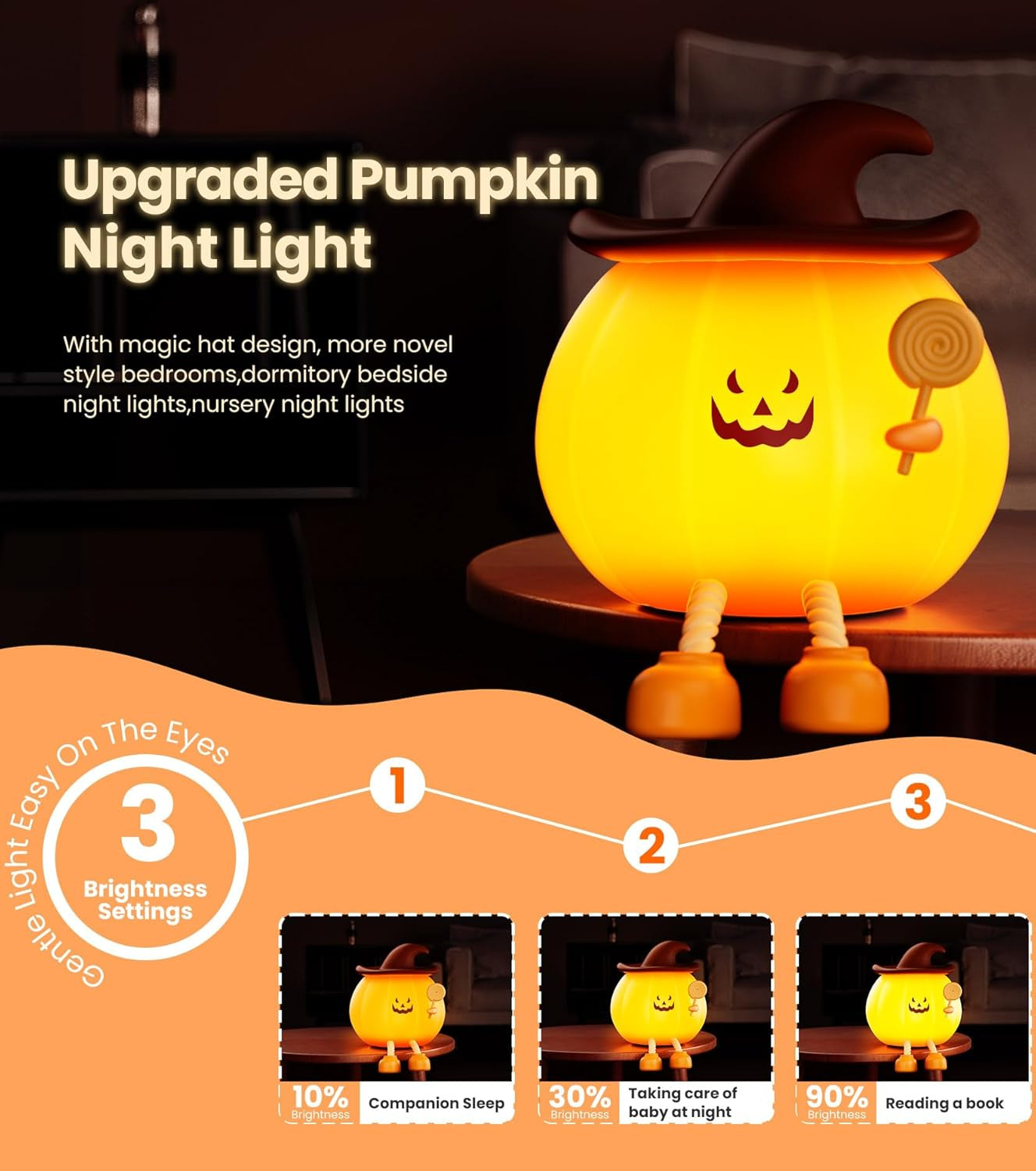 Upgraded Pumpkin Magic Night Light, Timer Function + 3-Level Brightness Adjustment Touch-Controlled Bedside Lamp, Usb-Charged Soft Silicone Children'S Nursery Night Light, Halloween Decoration & Gift