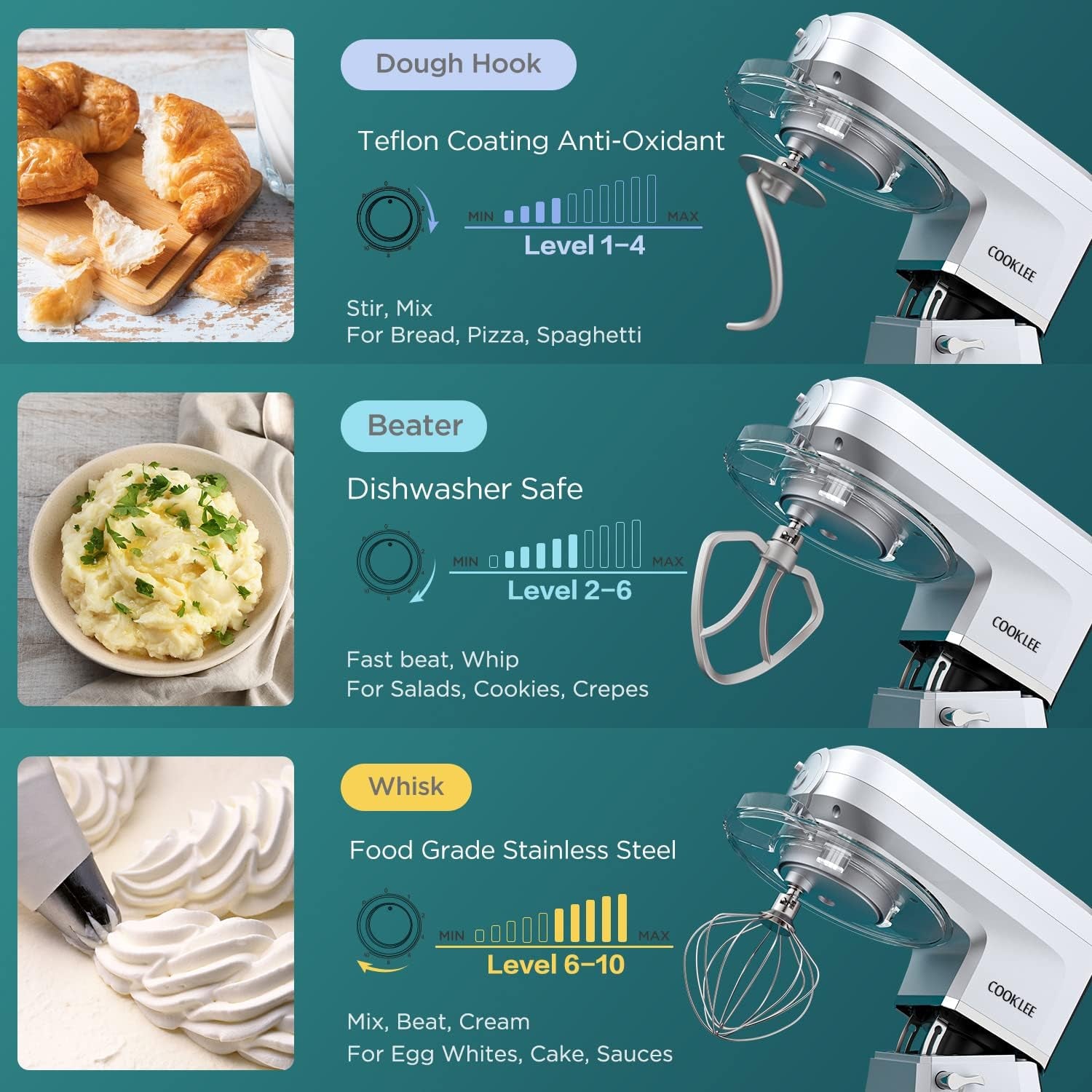 6-IN-1 Stand Mixer, 8.5 Qt. Multifunctional Electric Kitchen Mixer with Beater, Whisk, Dough Hook, Meat Grinder and Other Accessories for Most Home Cooks, SM-1507BM, Silvery