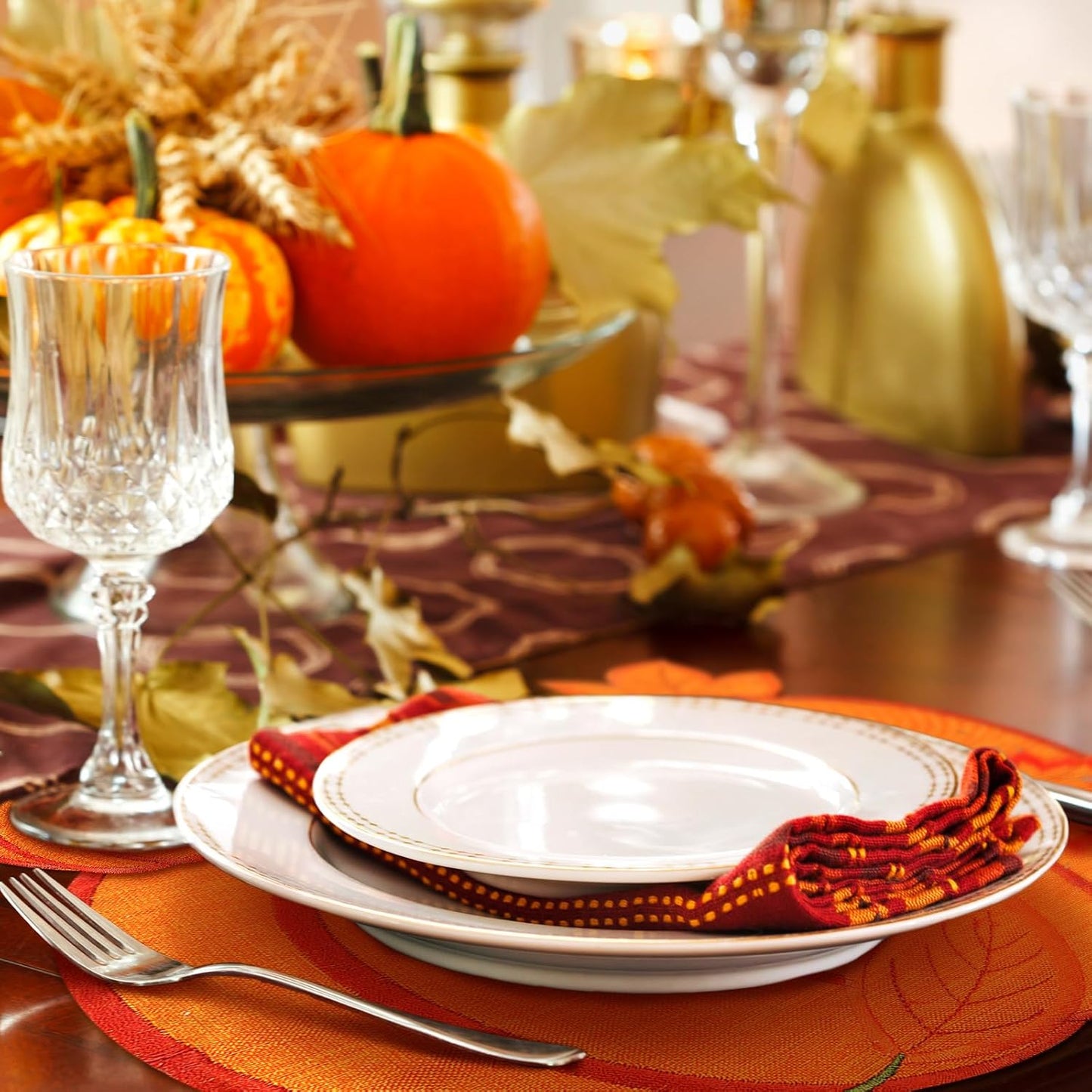 12 Pcs Fall Thanksgiving Embroidered Pumpkins Placemats and Coaster Set of 6 Autumn Harvest Table Placemats Washable Mats for Home Dinning Kitchen Decorations