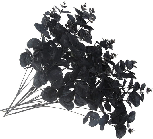 5 Pcs Black Artificial Eucalyptus Stems Faux Eucalyptuses Branches Black Leaf Halloween Centerpiece Halloween Home Decor (Black, 5)