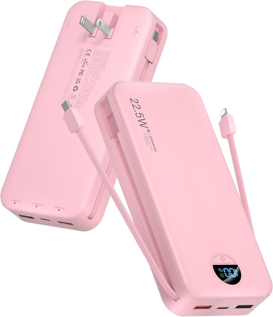 Portable Charger Power Bank Pink, 20000Mah 22.5W USB C Fast Charging Power Bank with Built-In Cables & Wall Plug, LED Display, Compatible with Iphone, Ipad, Samsung