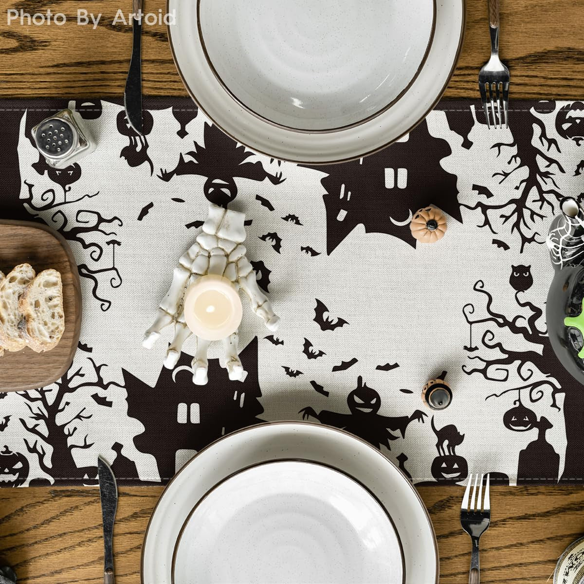 Black White Spooky Haunted House Tree Ghost Witch Halloween Table Runner, Fall Kitchen Dining Table Decoration for Home Party Decor 13X72 Inch