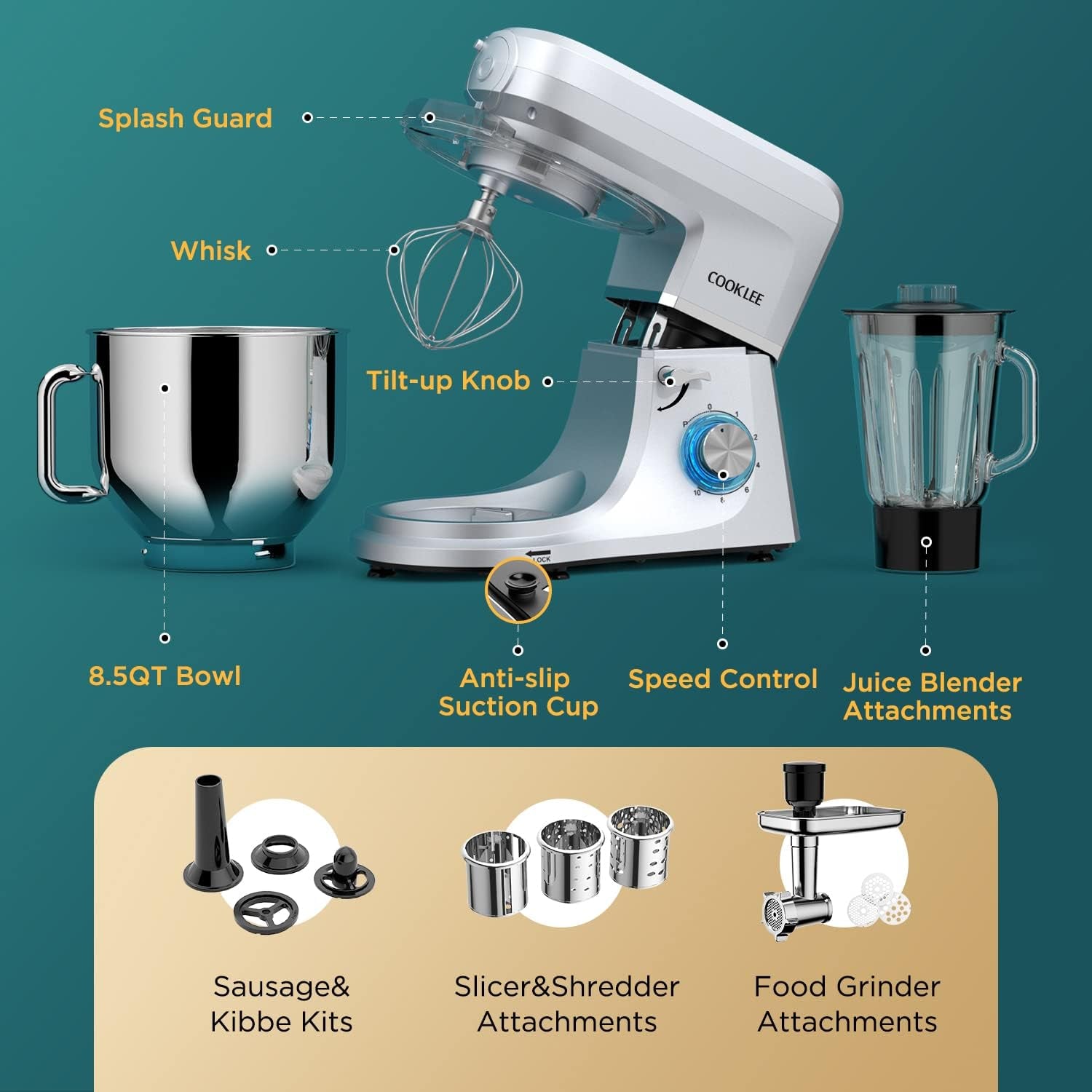 6-IN-1 Stand Mixer, 8.5 Qt. Multifunctional Electric Kitchen Mixer with Beater, Whisk, Dough Hook, Meat Grinder and Other Accessories for Most Home Cooks, SM-1507BM, Silvery