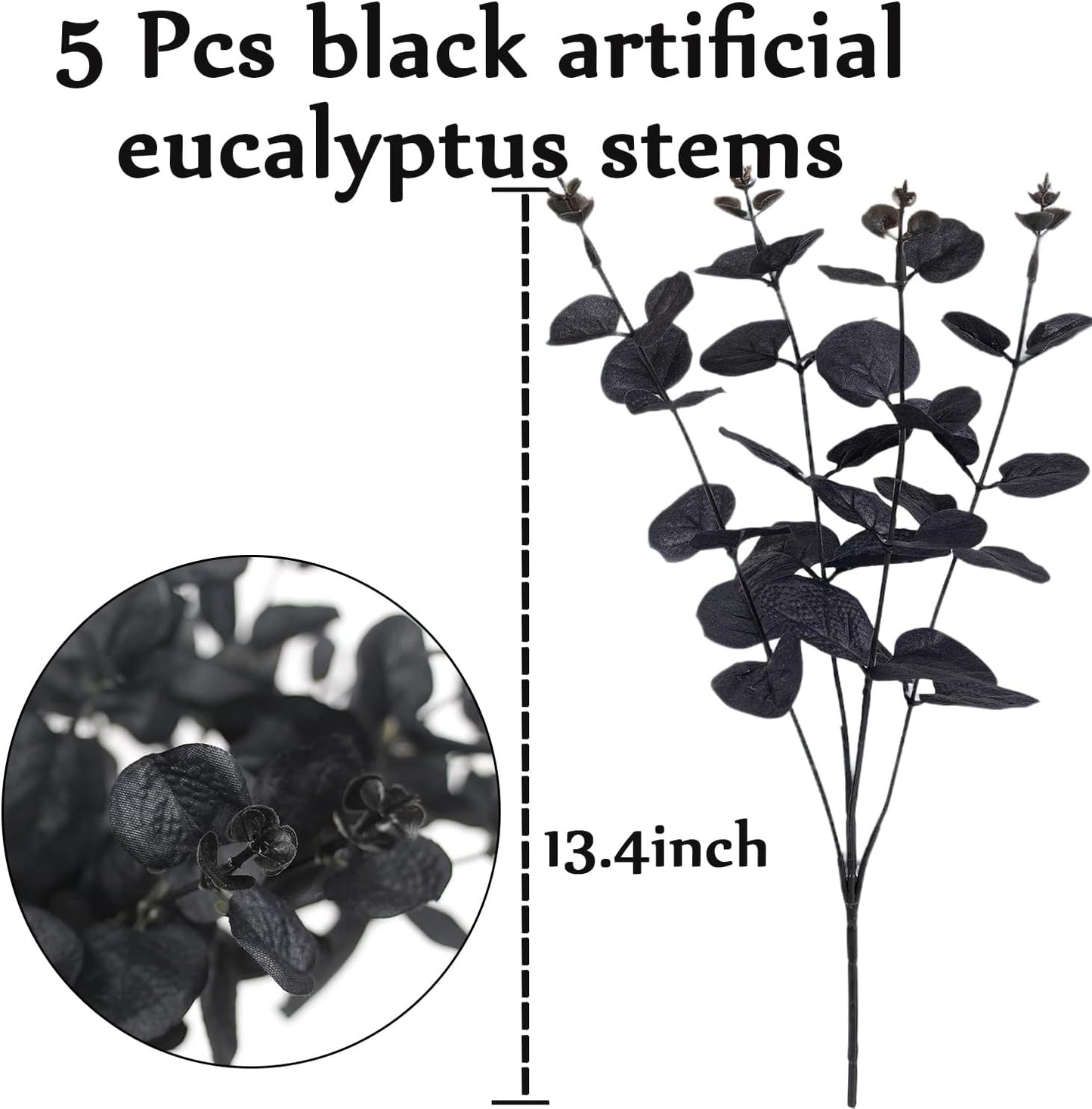 5 Pcs Black Artificial Eucalyptus Stems Faux Eucalyptuses Branches Black Leaf Halloween Centerpiece Halloween Home Decor (Black, 5)