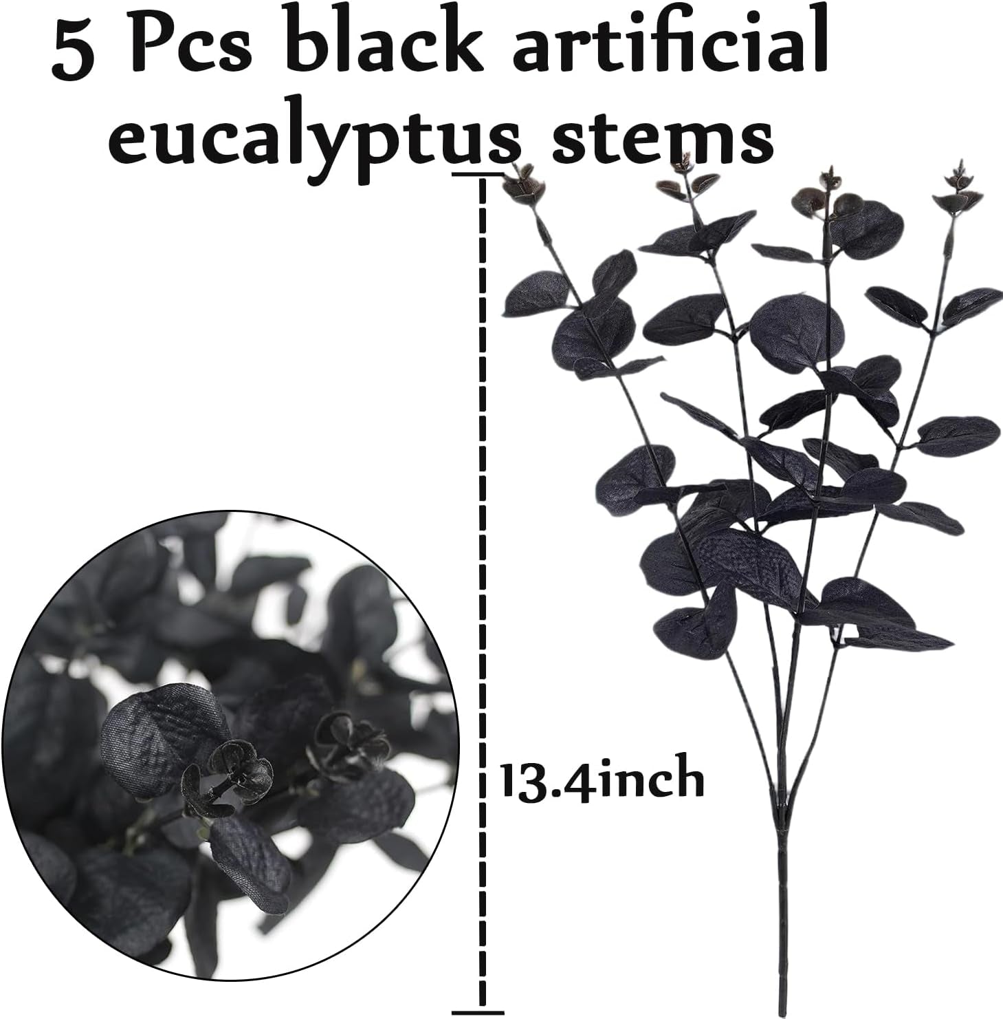 5 Pcs Black Artificial Eucalyptus Stems Faux Eucalyptuses Branches Black Leaf Halloween Centerpiece Halloween Home Decor (Black, 5)