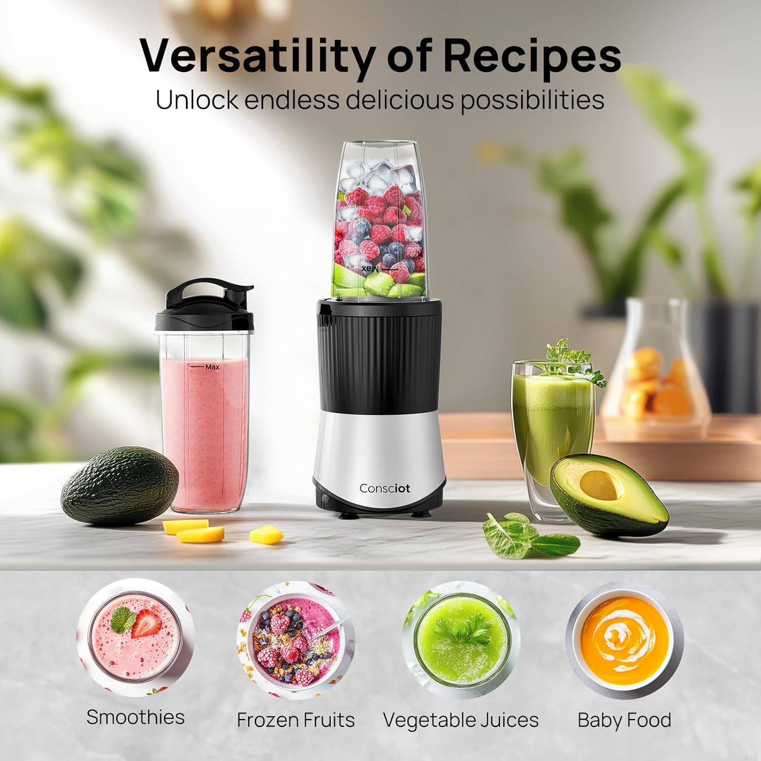 CB08 11-Piece Blender for Kitchen and Personal Size, Blend Shakes and Smoothies, Frozen Drinks, Baby Food, Spreads & More, 3 Portable To-Go Cups & 2 Spout Lids & 1 Solid Lid, 900 Peak Watts