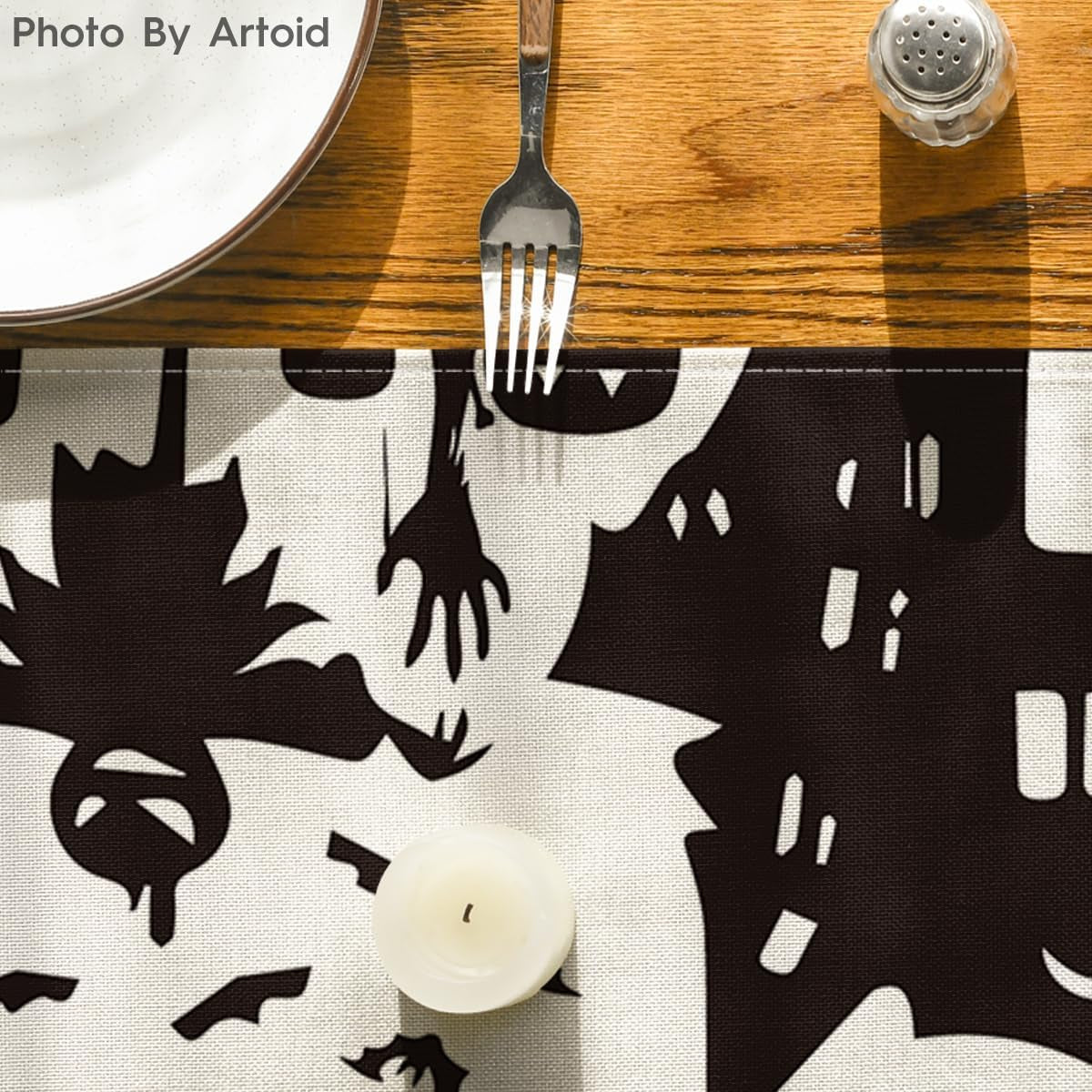 Black White Spooky Haunted House Tree Ghost Witch Halloween Table Runner, Fall Kitchen Dining Table Decoration for Home Party Decor 13X72 Inch