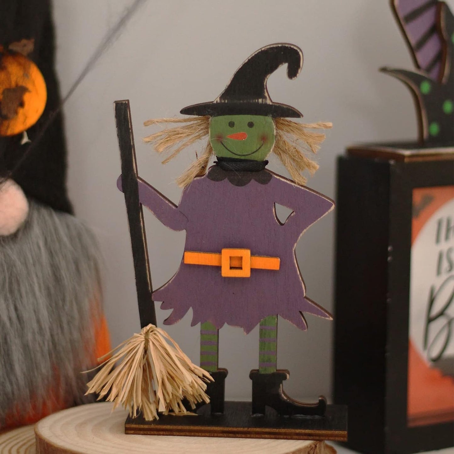 5Pcs Halloween Wooden Decorations, Halloween Tabletop Centerpiece Craft Decor Including Witch/Ghost/Shoes Decor for Home, Indoor, Holiday, Party Supplies, Kid'S Gift.