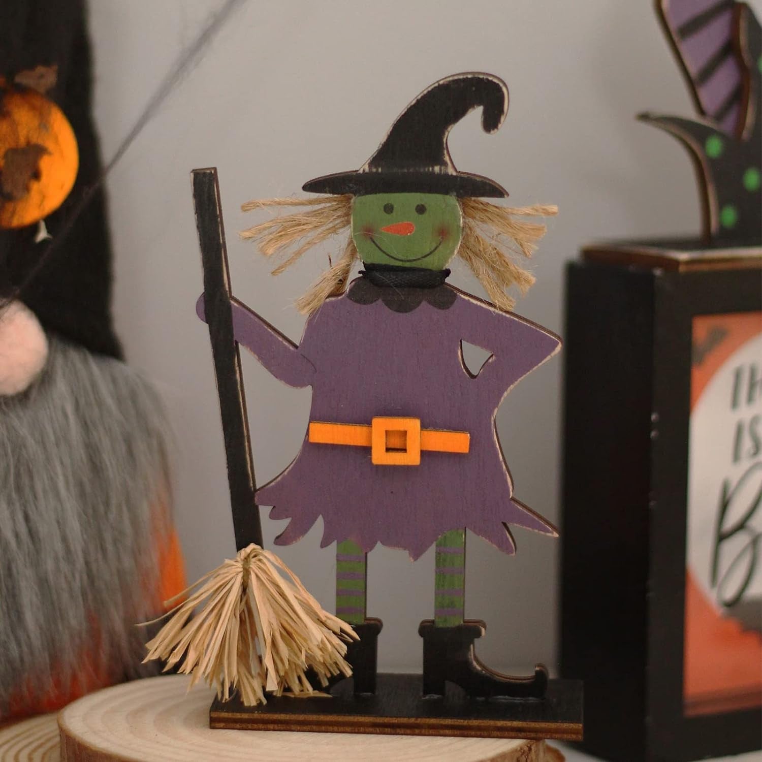 5Pcs Halloween Wooden Decorations, Halloween Tabletop Centerpiece Craft Decor Including Witch/Ghost/Shoes Decor for Home, Indoor, Holiday, Party Supplies, Kid'S Gift.