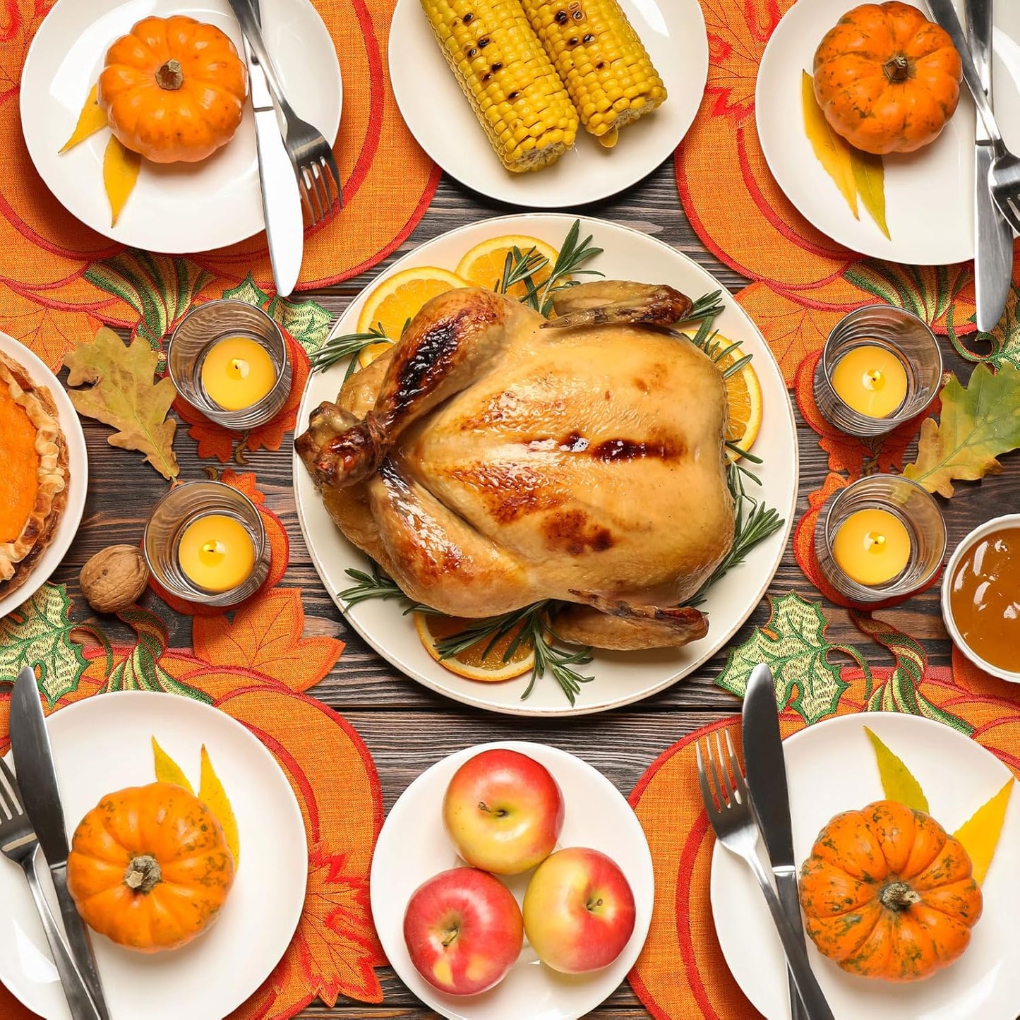 12 Pcs Fall Thanksgiving Embroidered Pumpkins Placemats and Coaster Set of 6 Autumn Harvest Table Placemats Washable Mats for Home Dinning Kitchen Decorations