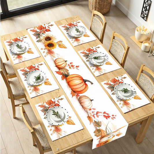 7-Piece Fall Table Runner & Placemat Set – Elegant Watercolor Pumpkin & Sunflower Design – Autumn Thanksgiving Harvest Style Table Decor for Kitchen & Dining Room