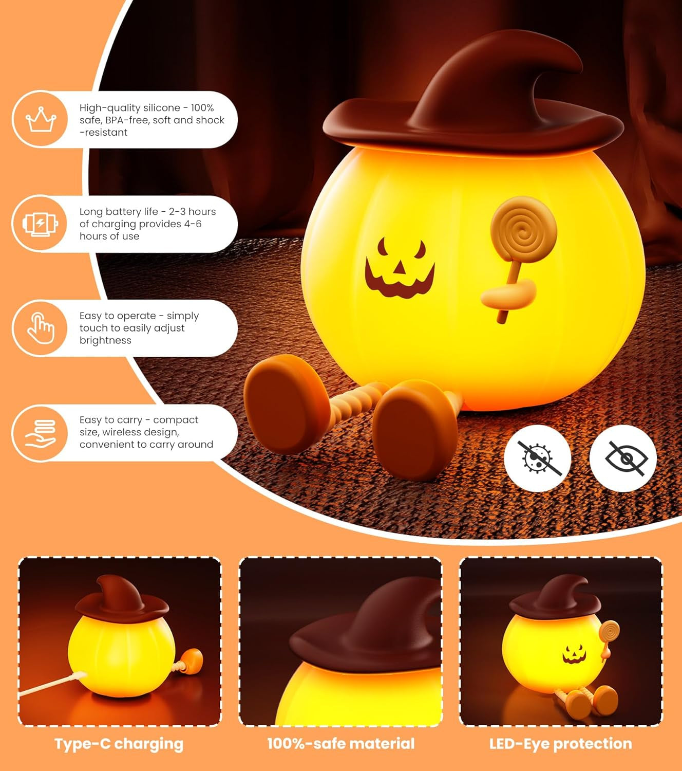 Upgraded Pumpkin Magic Night Light, Timer Function + 3-Level Brightness Adjustment Touch-Controlled Bedside Lamp, Usb-Charged Soft Silicone Children'S Nursery Night Light, Halloween Decoration & Gift