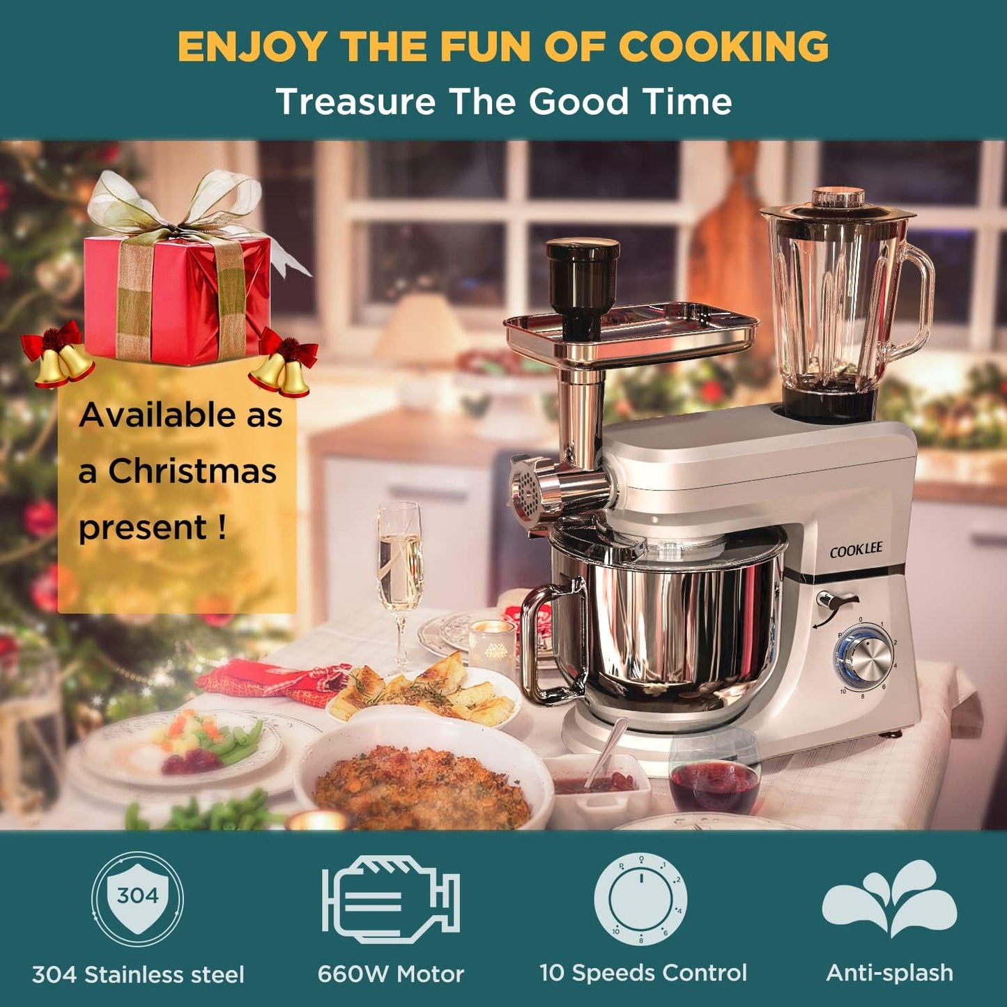 6-IN-1 Stand Mixer, 8.5 Qt. Multifunctional Electric Kitchen Mixer with Beater, Whisk, Dough Hook, Meat Grinder and Other Accessories for Most Home Cooks, SM-1507BM, Silvery