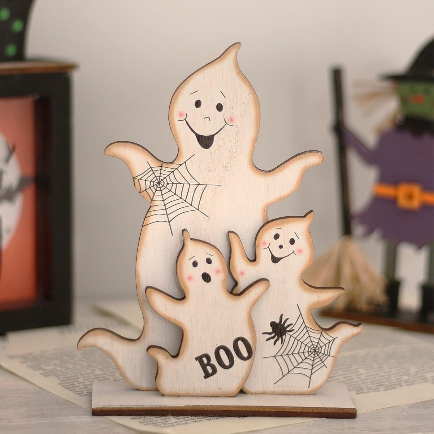 5Pcs Halloween Wooden Decorations, Halloween Tabletop Centerpiece Craft Decor Including Witch/Ghost/Shoes Decor for Home, Indoor, Holiday, Party Supplies, Kid'S Gift.