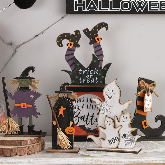 5Pcs Halloween Wooden Decorations, Halloween Tabletop Centerpiece Craft Decor Including Witch/Ghost/Shoes Decor for Home, Indoor, Holiday, Party Supplies, Kid'S Gift.